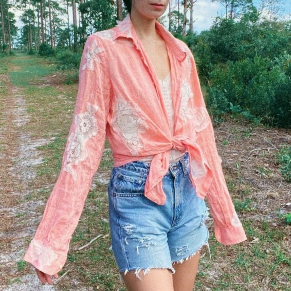 Vintage Orange Linen Floral Lace Button Down Blouse - Picture 7 of 11
